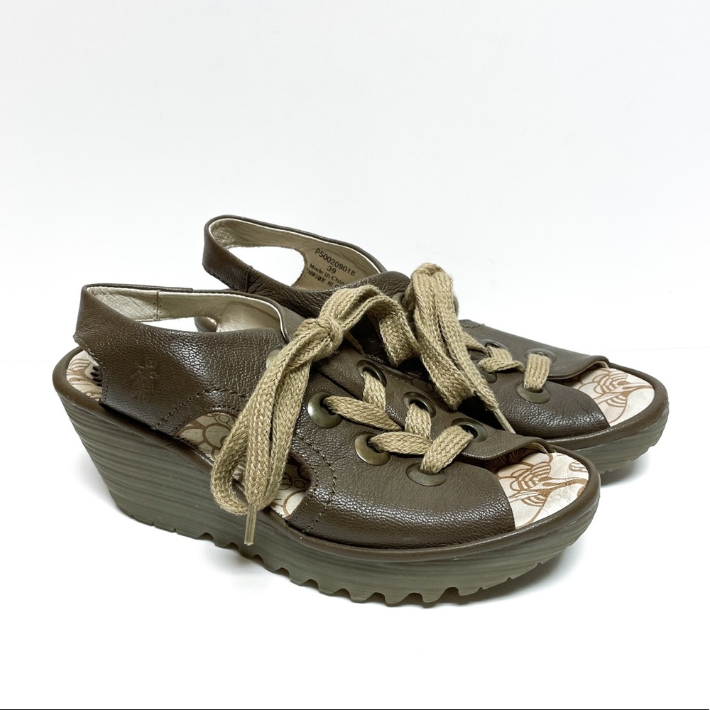 Fly London Beige Brown Leather Peep Toe Lace Up Wedge Sandals